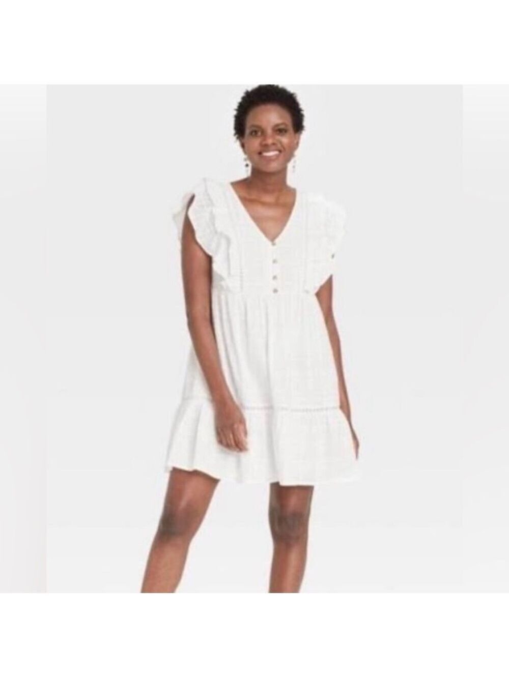 Knox Rose Women’s White Peasant Boho Shift Dress Flutter Sleeve Size: Small